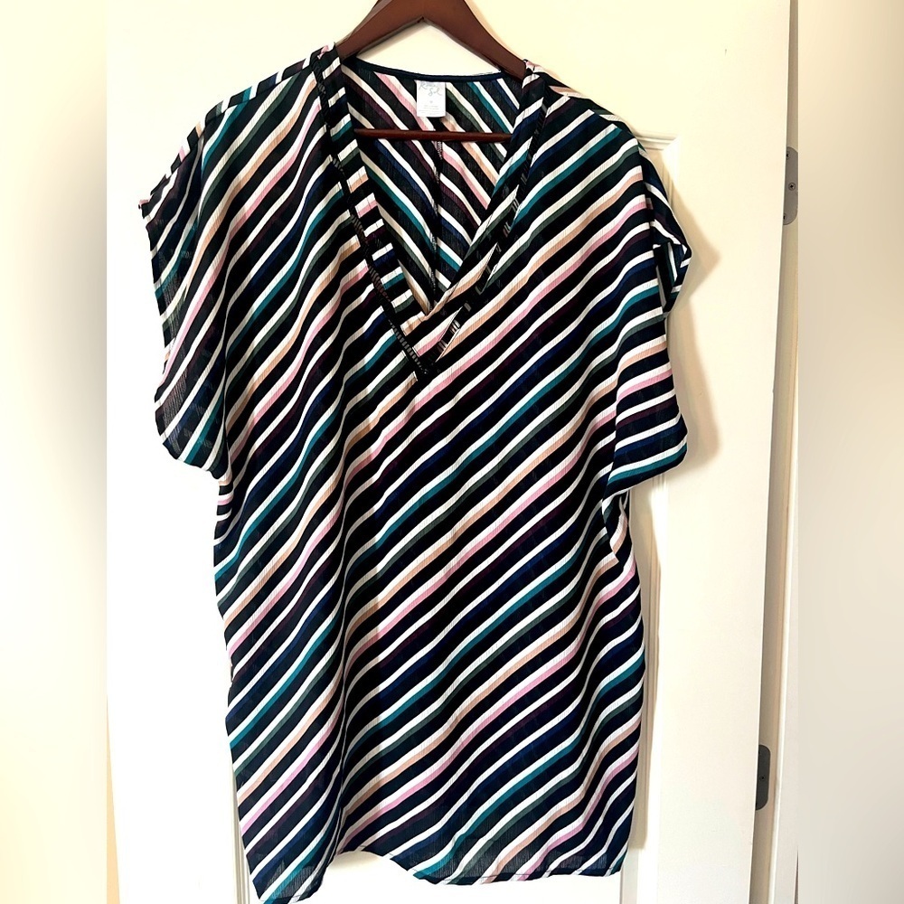 Kona Sol Black with Colorful Stripes Polyester Swim Cover Up Women’s Medium